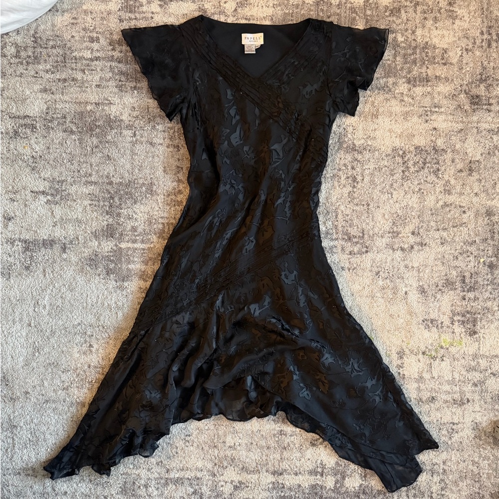 Adrianna Papell Black Silk Asymmetrical Hem Petite Dress